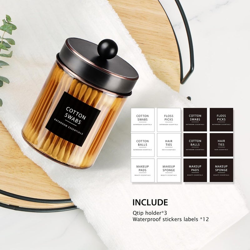 Komashr 3 Pack Apothecary Jar Canisters Bathroom Vanity Organizer - Qtip Holder Storage Organizer Set Countertop Canister with Stainless Steel Lids &Cute Stickers for Qtips,Cotton Swabs,Makeup Sponges,Floss - Image 4